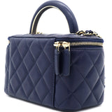 Lambskin Quilted Small Top Handle Vanity Case With Chain Navy