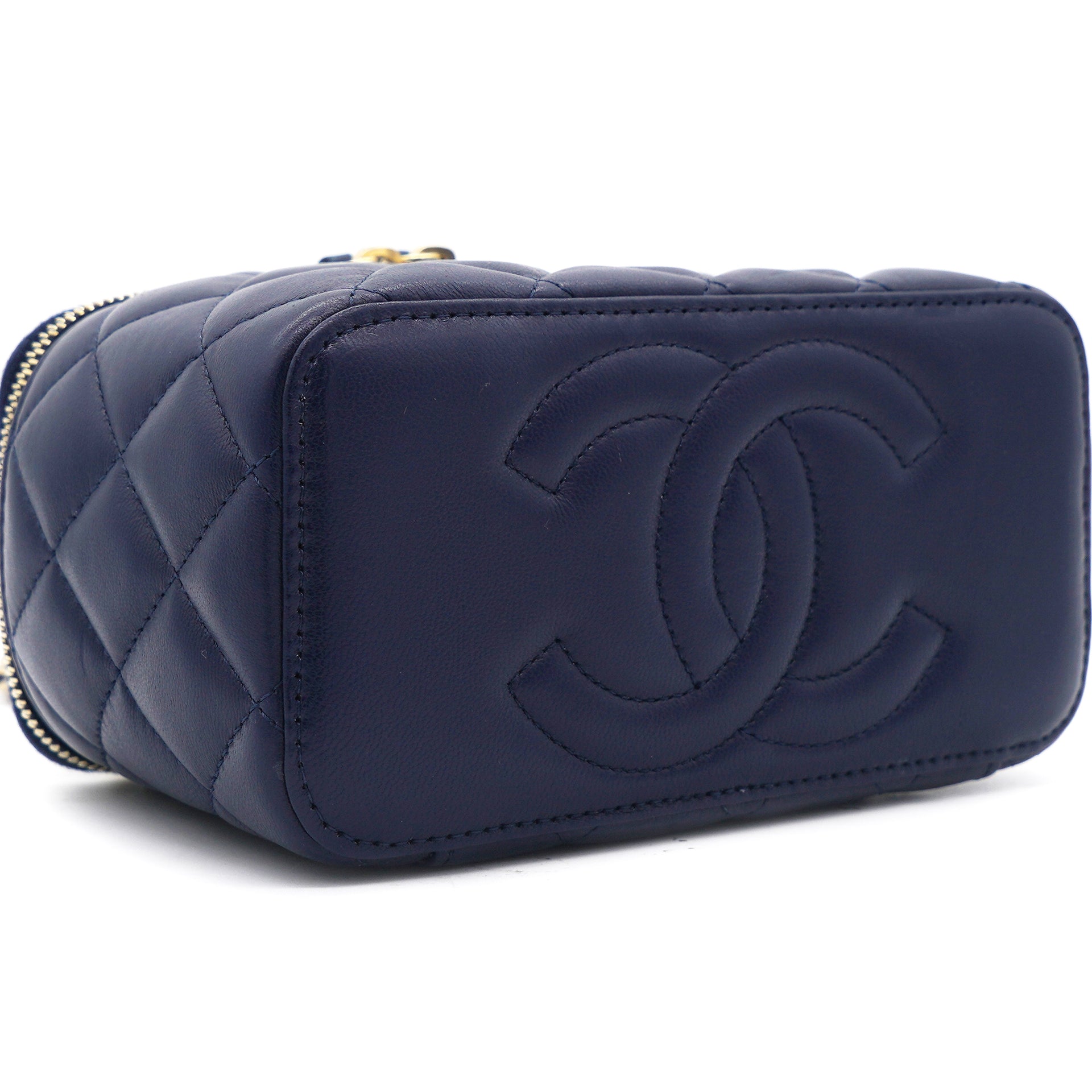 Lambskin Quilted Small Top Handle Vanity Case With Chain Navy