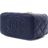 Lambskin Quilted Small Top Handle Vanity Case With Chain Navy