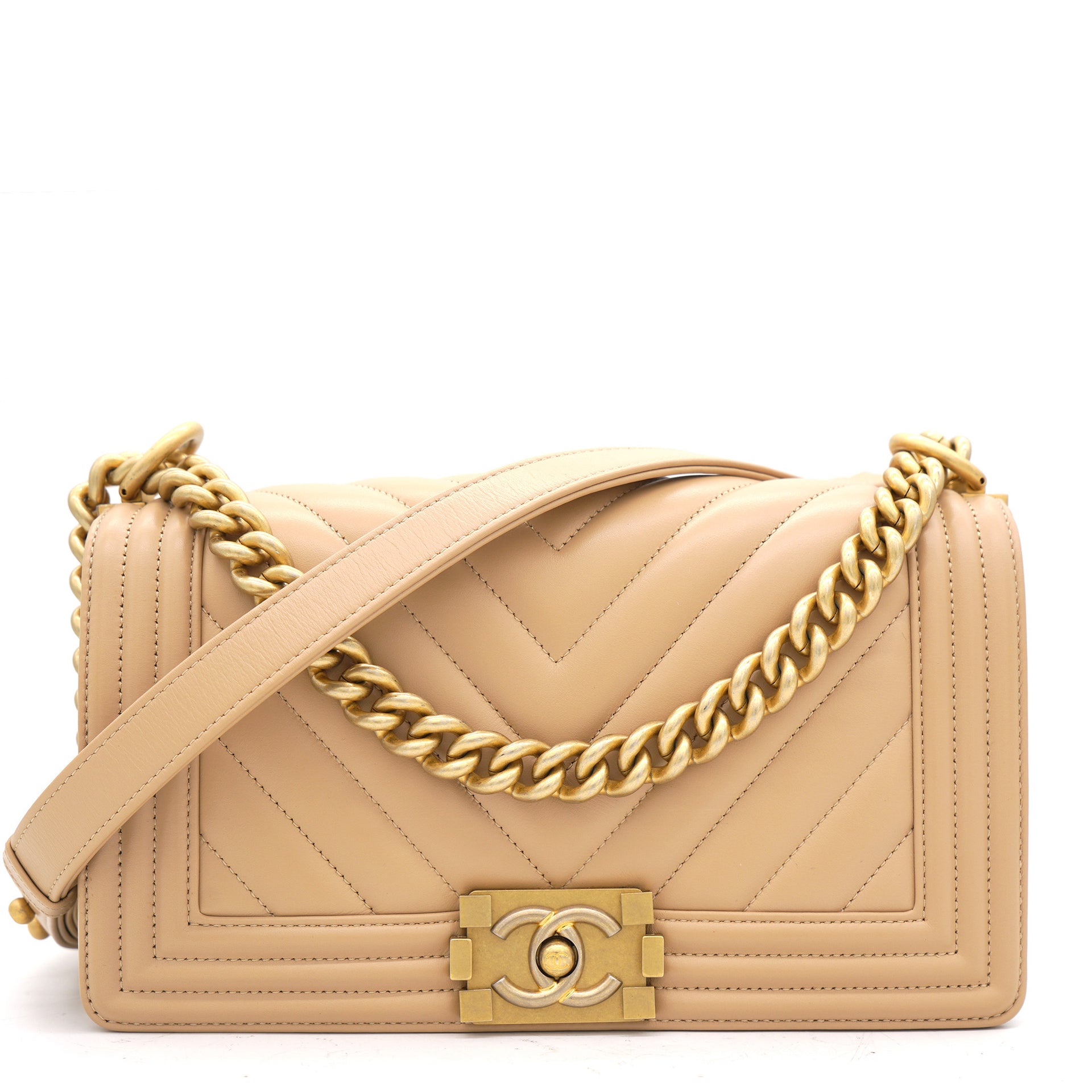 RESERVED**Chanel o-mini pouch in gold/beige tone with Boy lock 