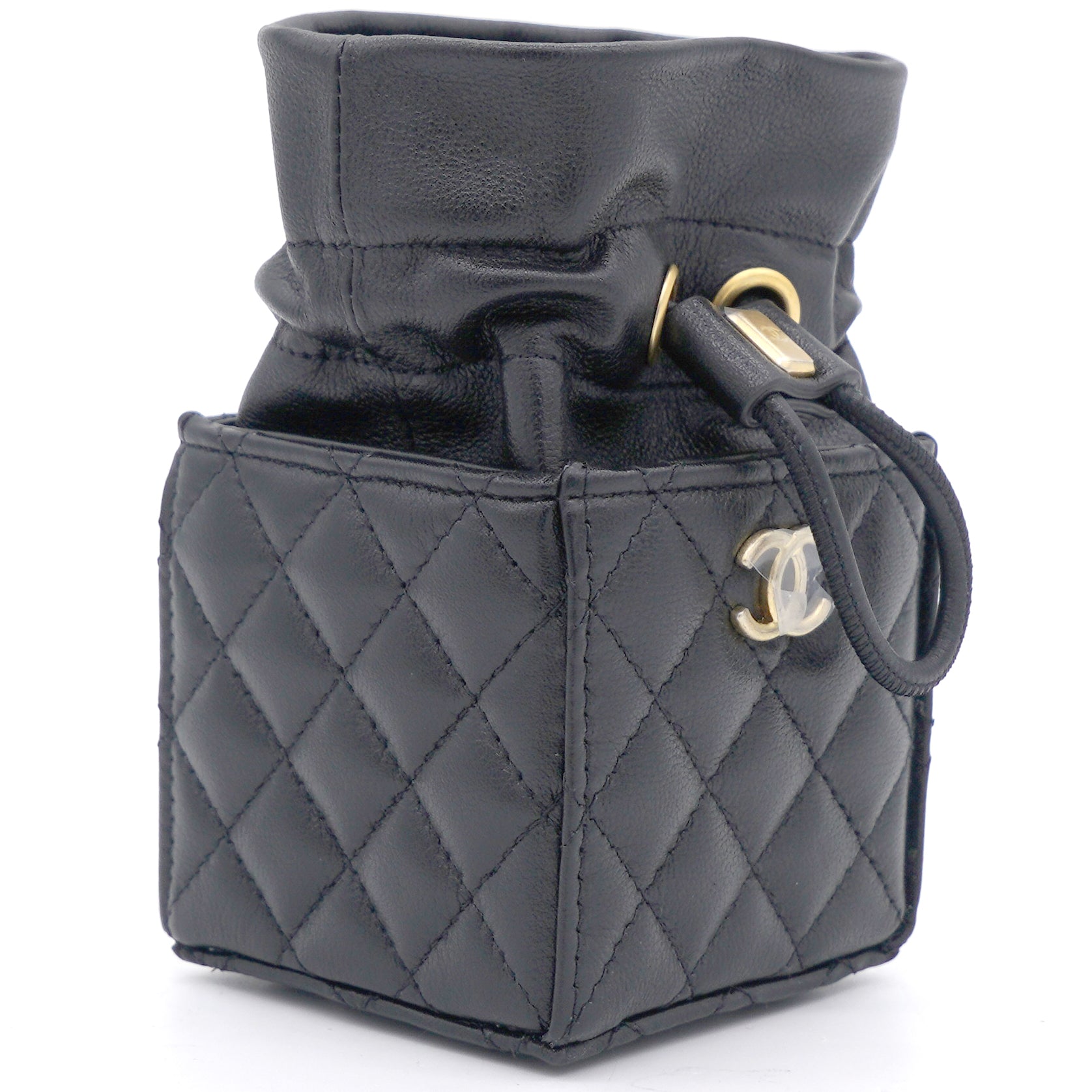 Lambskin Quilted Nano Cube Drawstring Bag Black