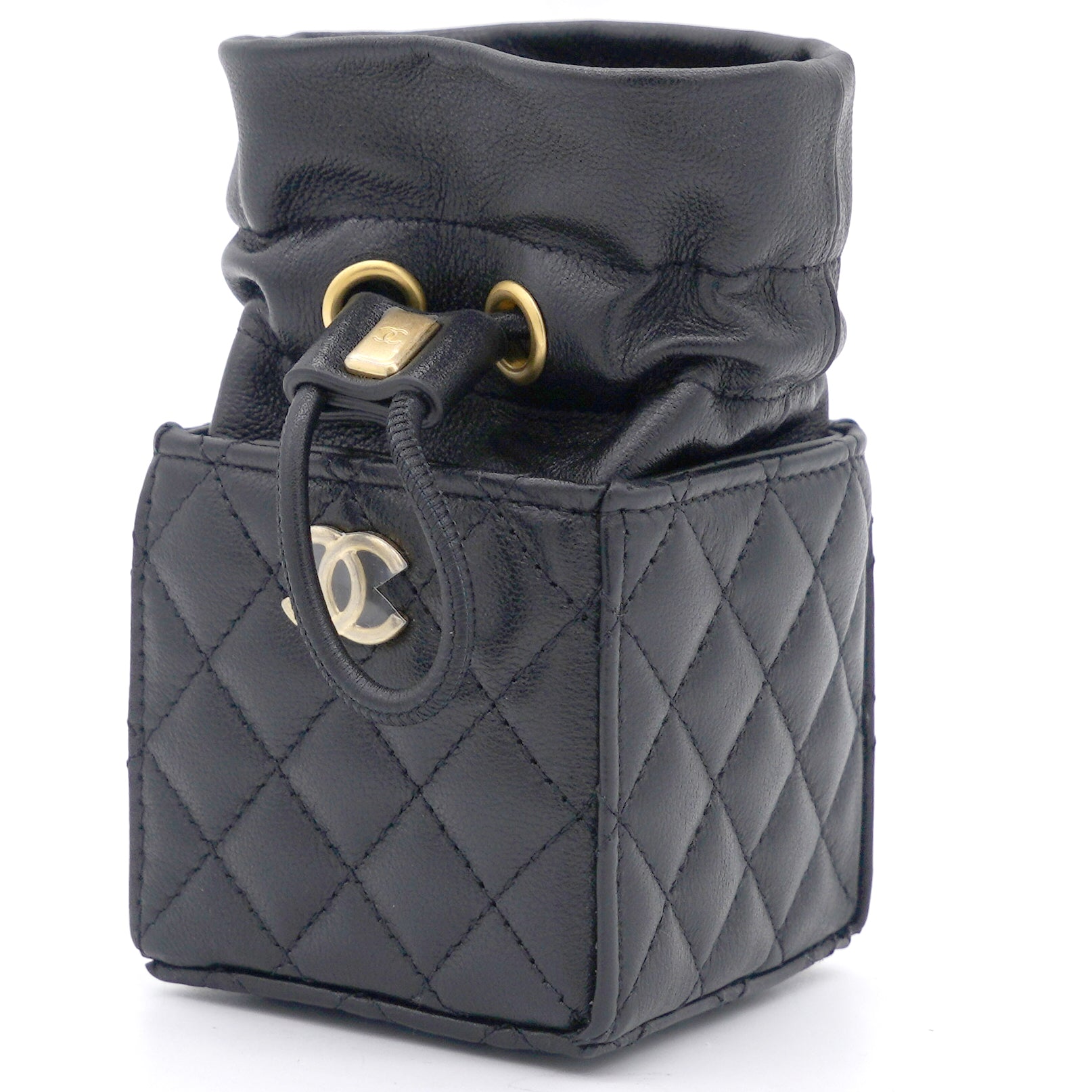 Lambskin Quilted Nano Cube Drawstring Bag Black