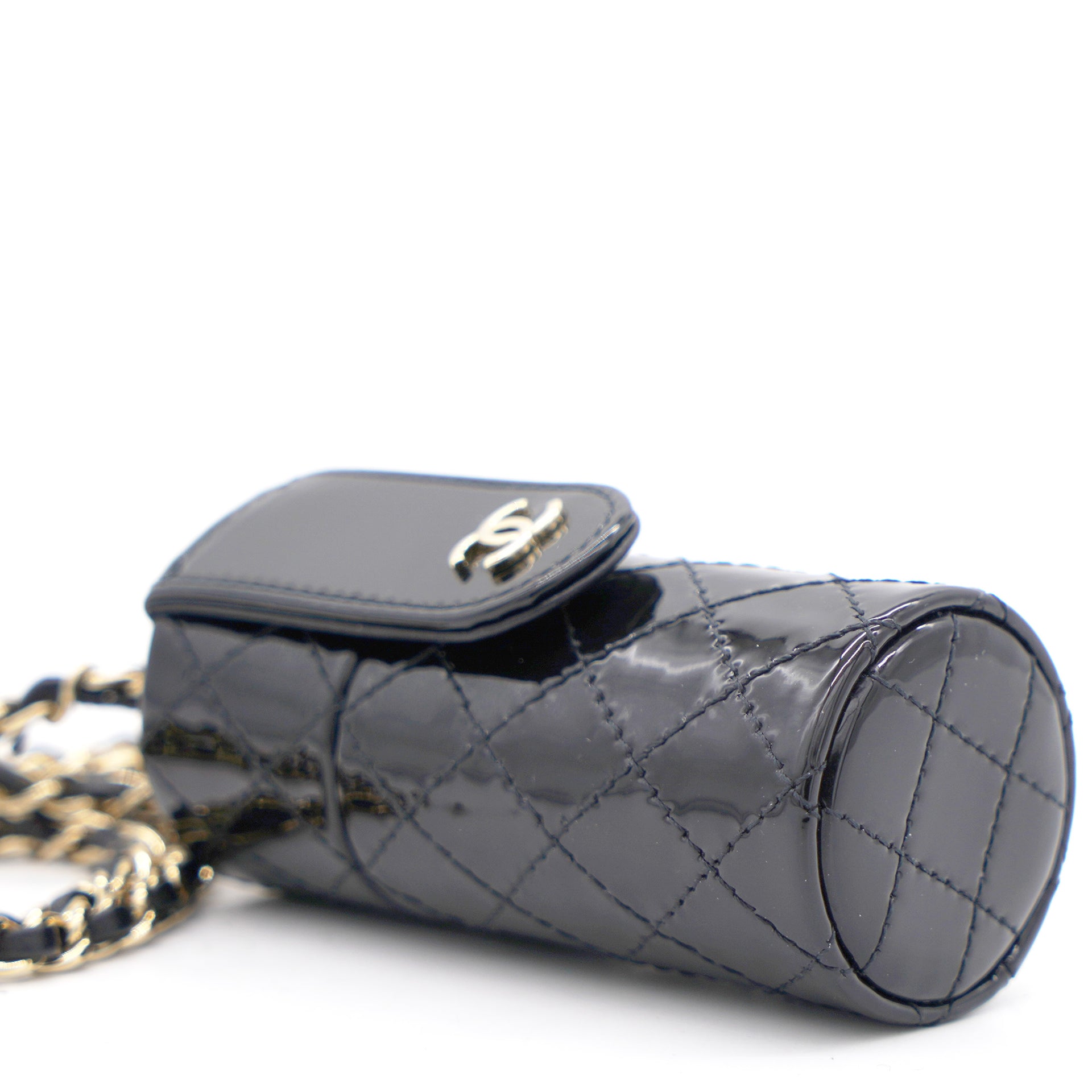 Chanel Black Quilted Patent Leather Lipstick Case On Chain