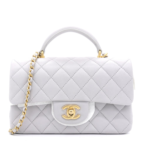 Lambskin Quilted Mini Top Handle Rectangular Flap Grey