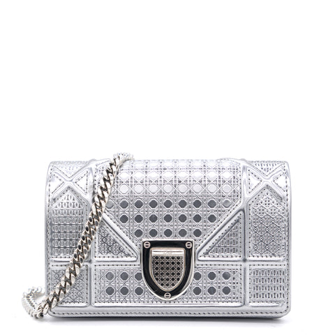 Metallic Patent Micro-Cannage Baby Diorama Flap Bag Silver