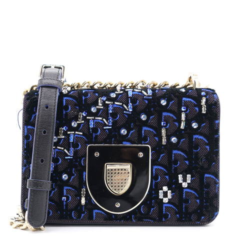 Velvet Crystal Small Diorama Club Flap Bag Navy