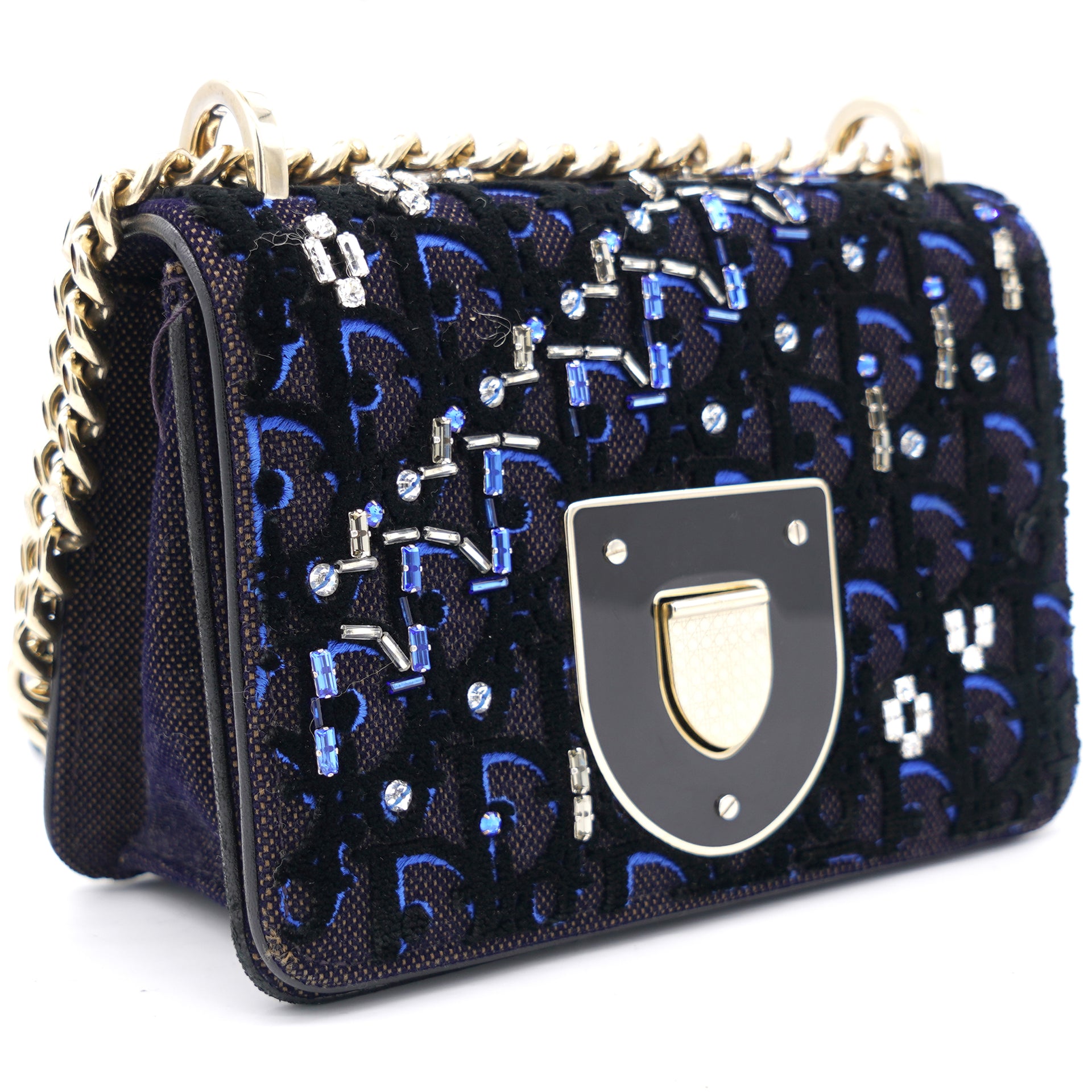 Velvet Crystal Small Diorama Club Flap Bag Navy