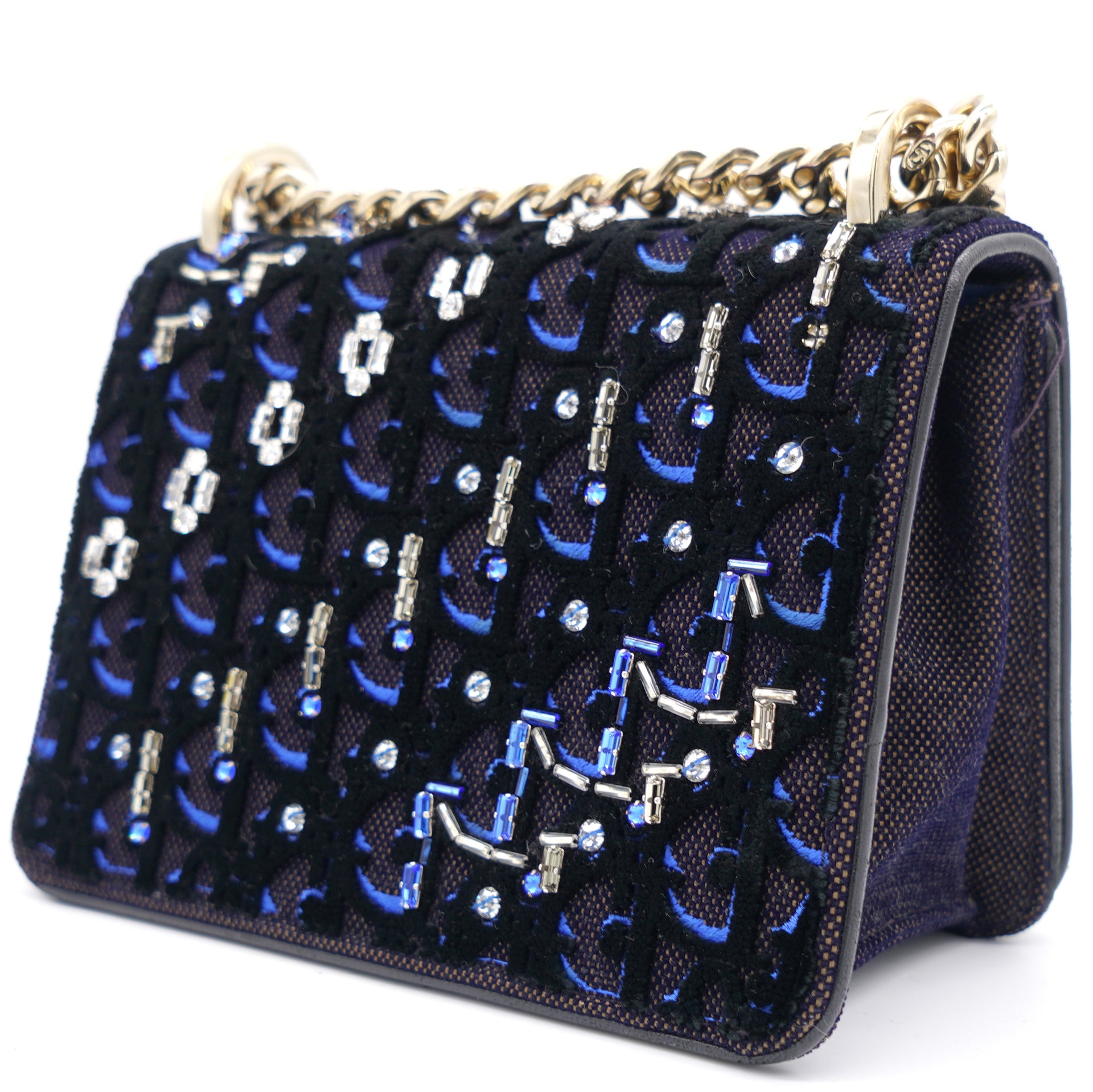 Velvet Crystal Small Diorama Club Flap Bag Navy