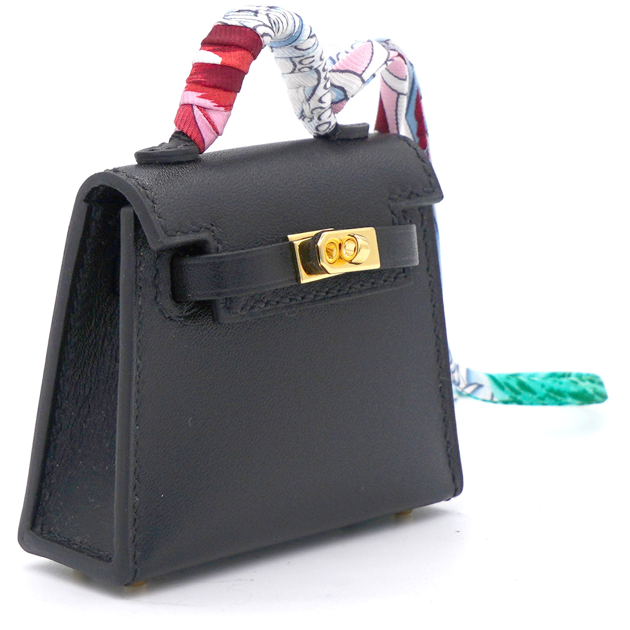 Black Mini Kelly Twilly Bag Charm Tadelakt Leather, Silk Twill and Silver  Tone Hardware