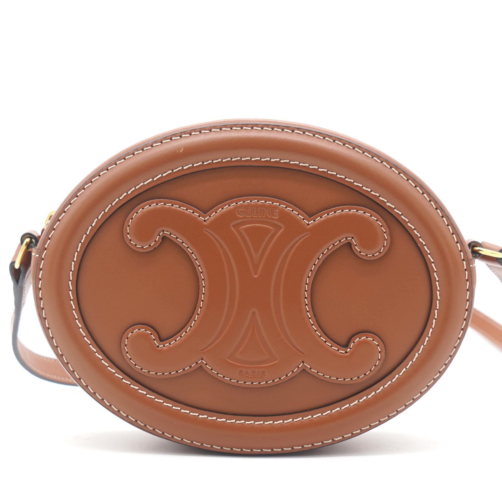 Celine - Crossbody Oval Purse Cuir Triomphe in Textile and Calfskin Leather - White / Beige / Brown - for Women