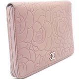 Lambskin Camellia Embossed Large Zip Around Wallet Dust Pink