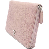 Lambskin Camellia Embossed Large Zip Around Wallet Dust Pink