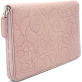 Lambskin Camellia Embossed Large Zip Around Wallet Dust Pink