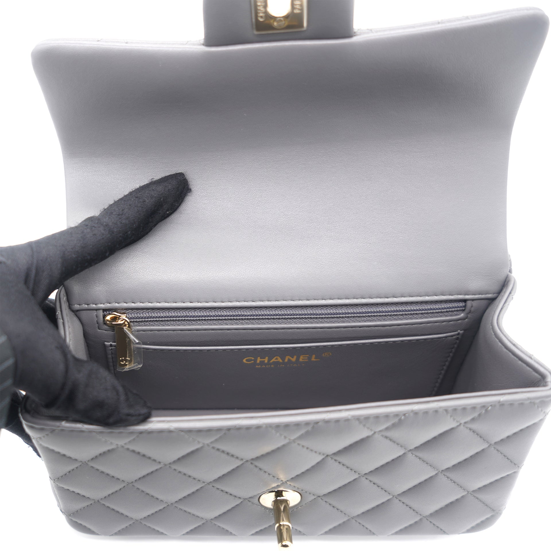 Lambskin Quilted Mini Top Handle Rectangular Flap Grey