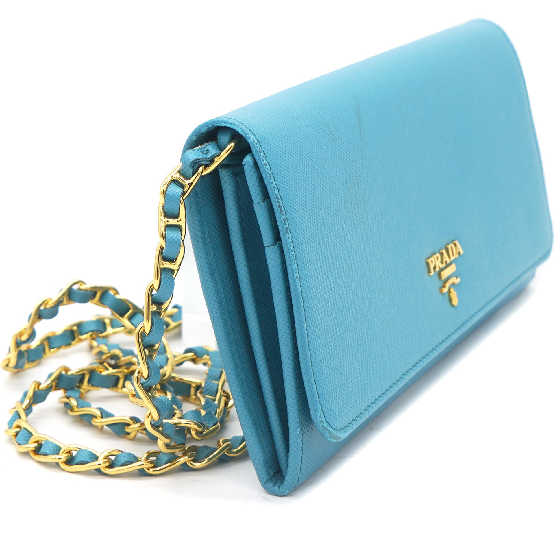 DIOR POUCH WALLET CARD HOLDER BAG BLUE COLOR EBROIDERED FABRIC GOLD LONG  CHAIN