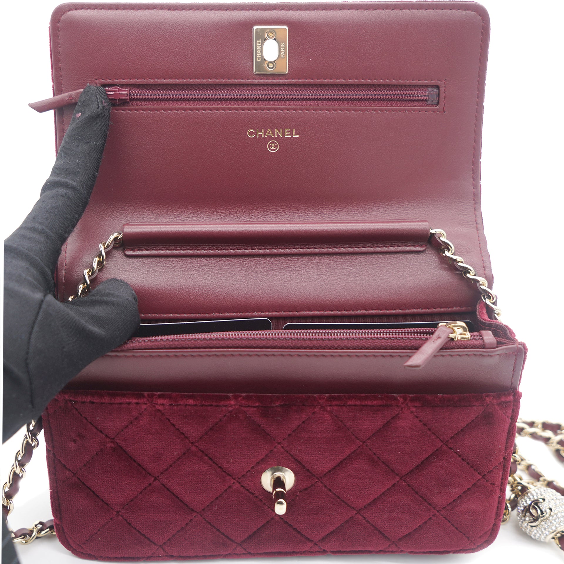 Velvet Quilted Pearl Crush Wallet On Chain WOC Burgundy