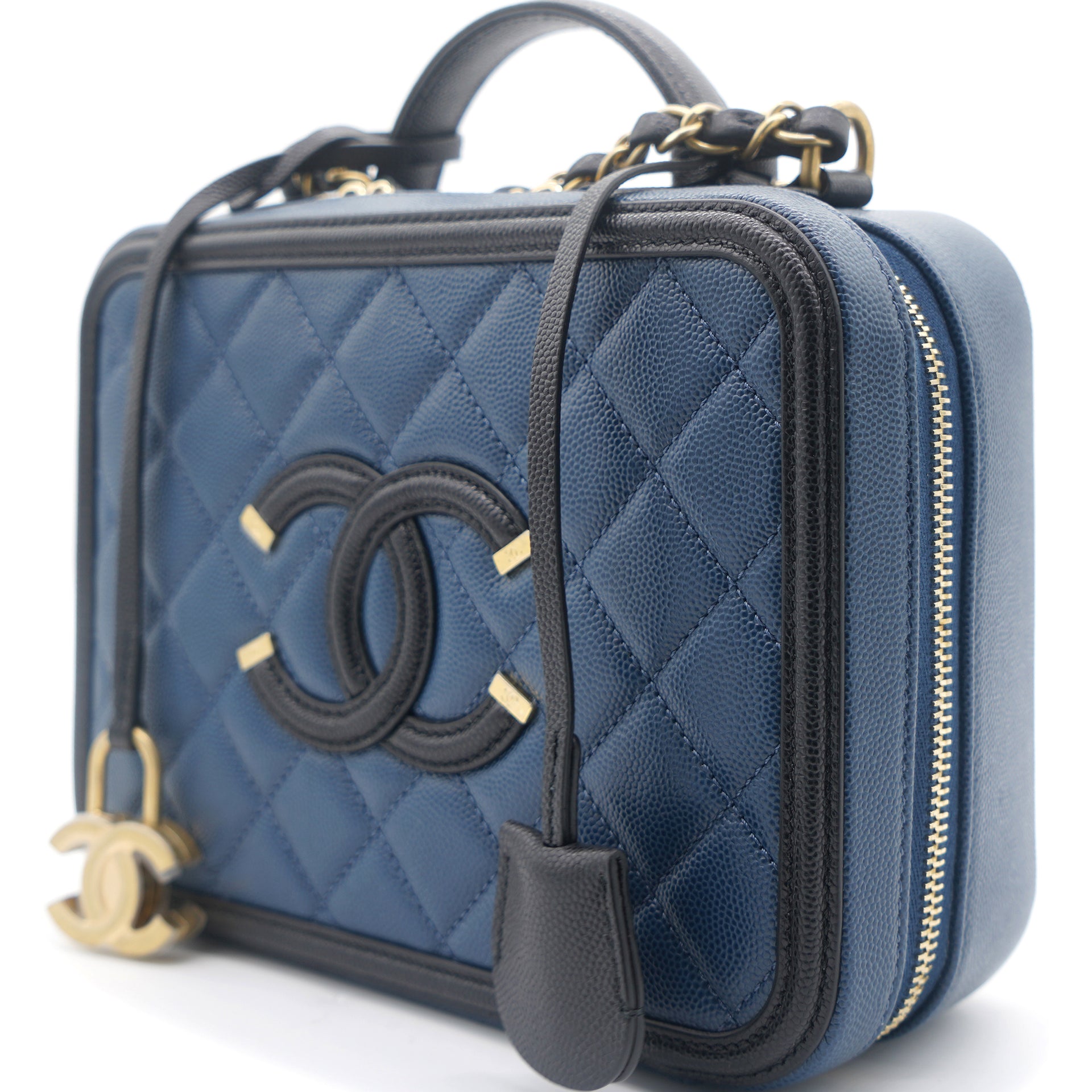 Navy/Black Quilted Caviar Leather Medium CC Filigree Vanity Case Bag