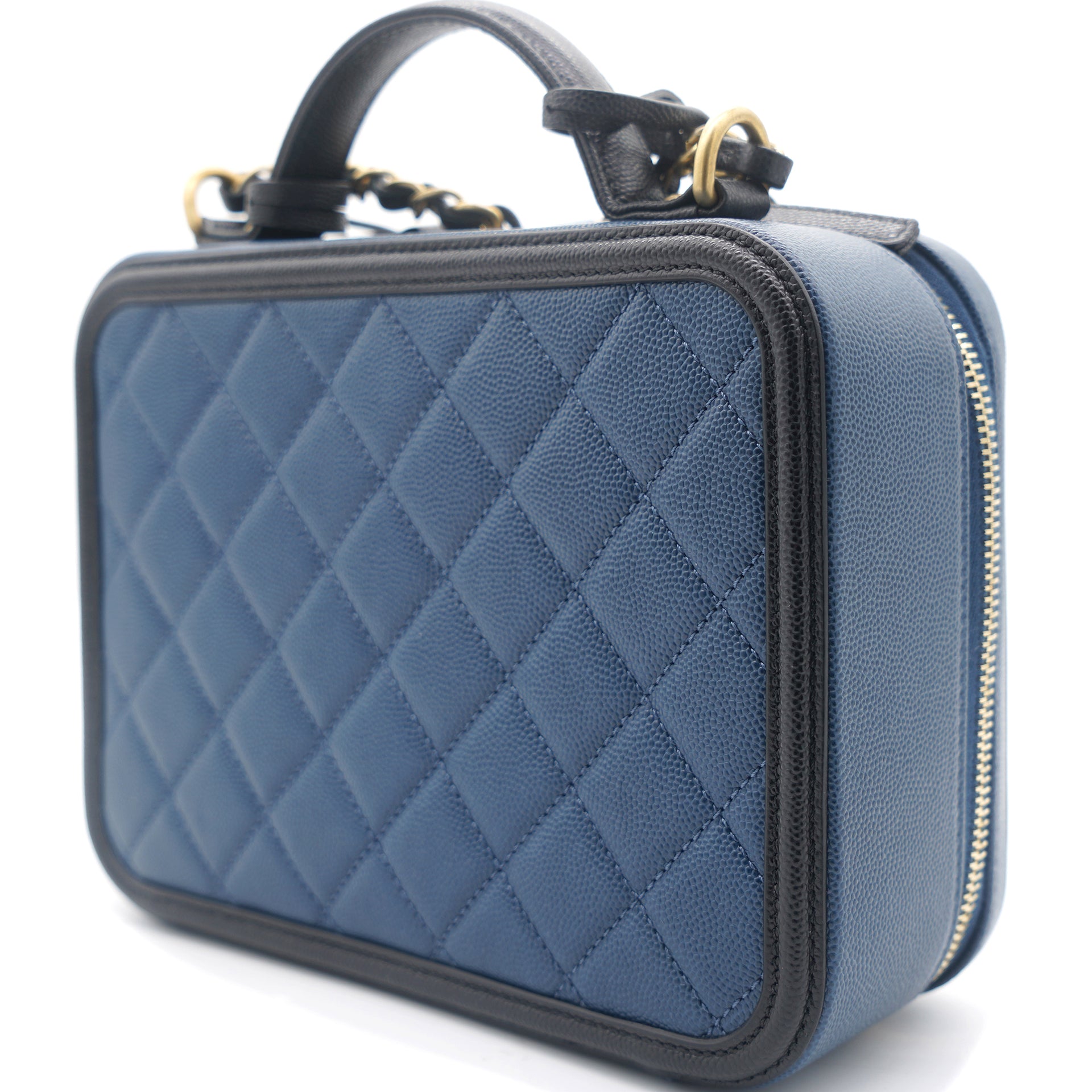 Navy/Black Quilted Caviar Leather Medium CC Filigree Vanity Case Bag