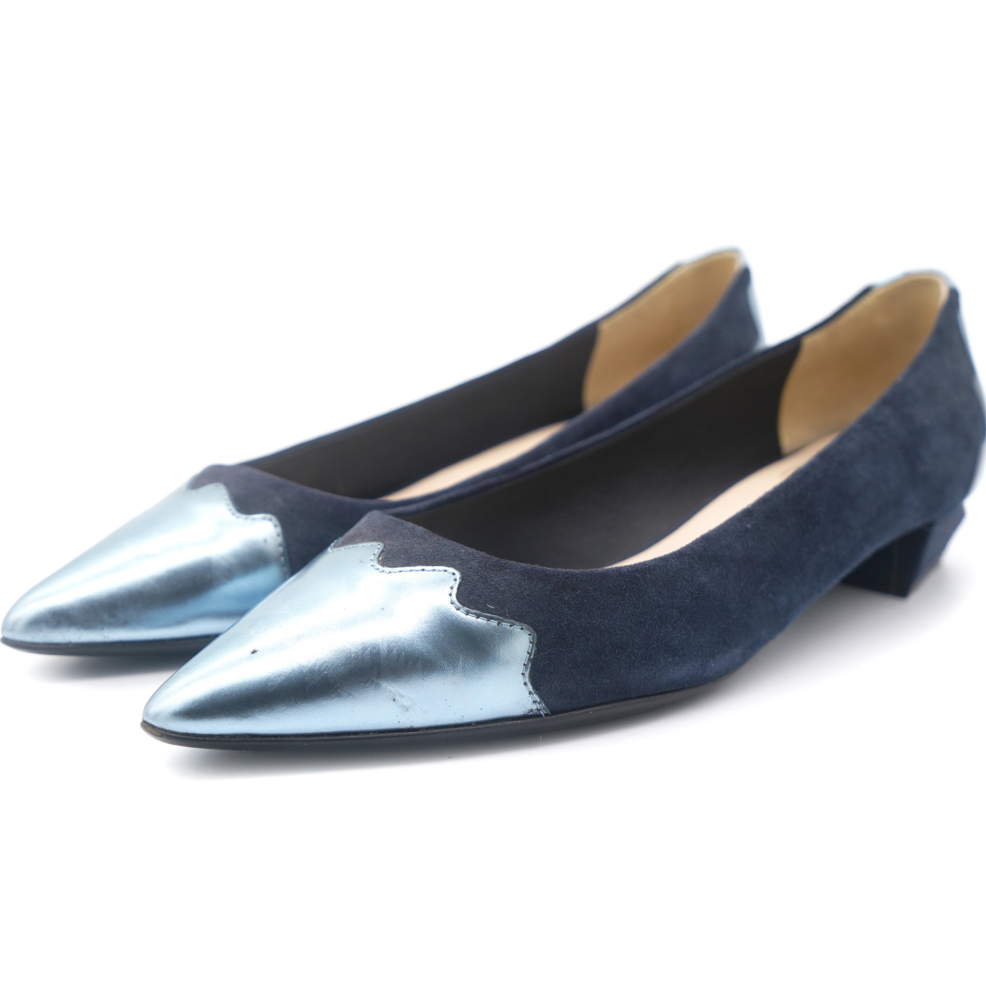 Navy Blue Suede and Leather Pointed Toe Pumps 38