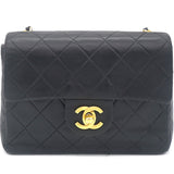 Vintage Black Quilted Leather Mini Square Classic Flap Bag