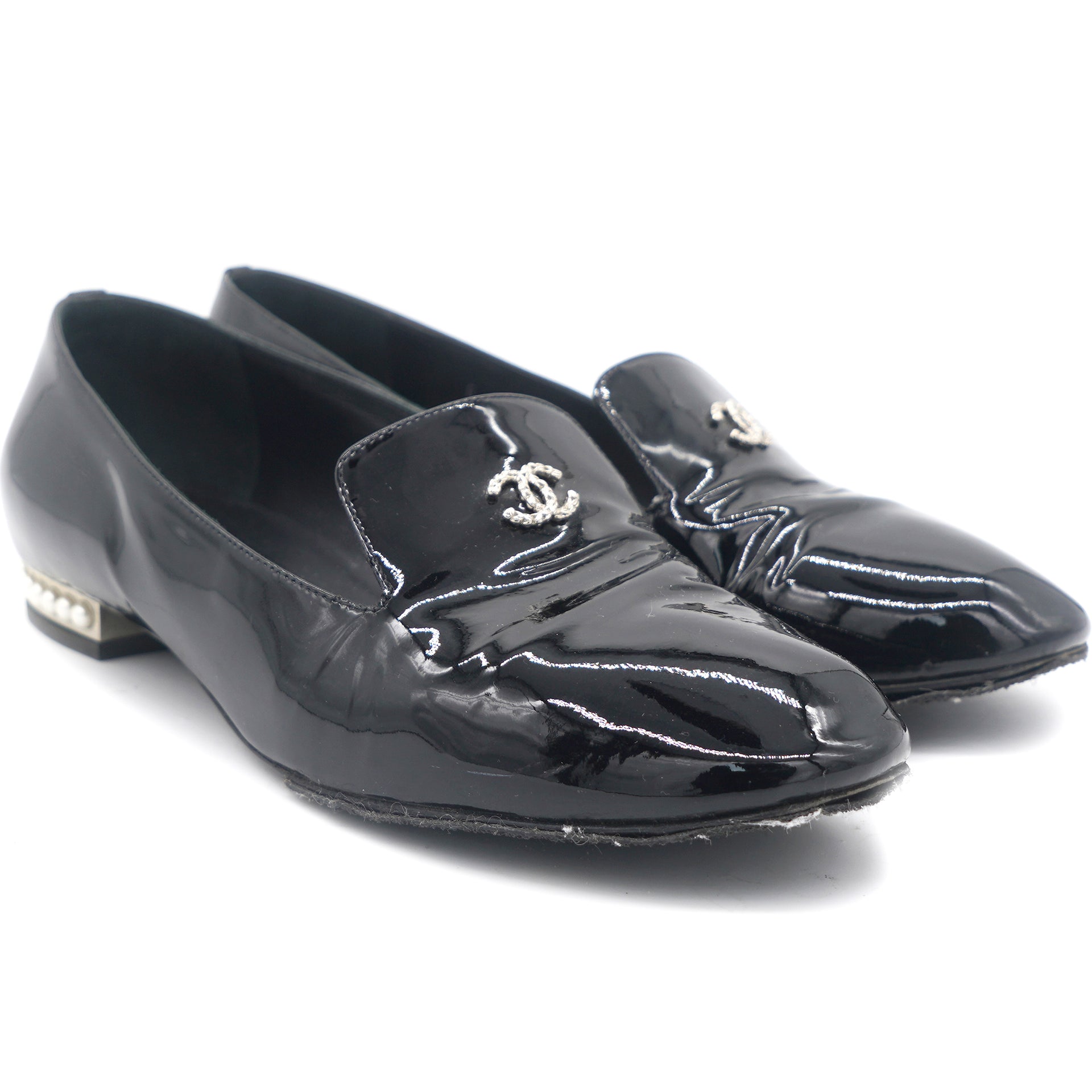 Patent Calfskin Pearl CC Loafers 38.5 Black