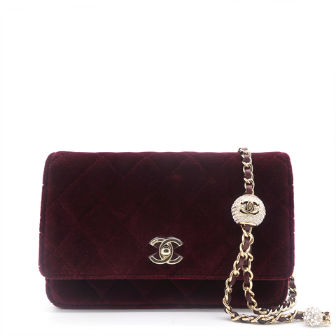 Velvet Quilted Pearl Crush Wallet On Chain WOC Burgundy