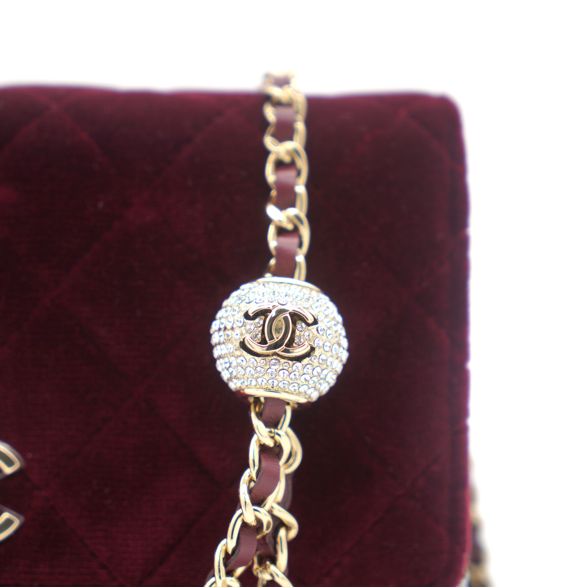 Velvet Quilted Pearl Crush Wallet On Chain WOC Burgundy