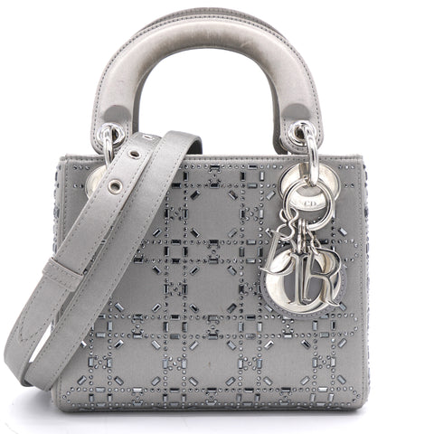 Satin Crystal Cannage Mini Lady Dior Grey