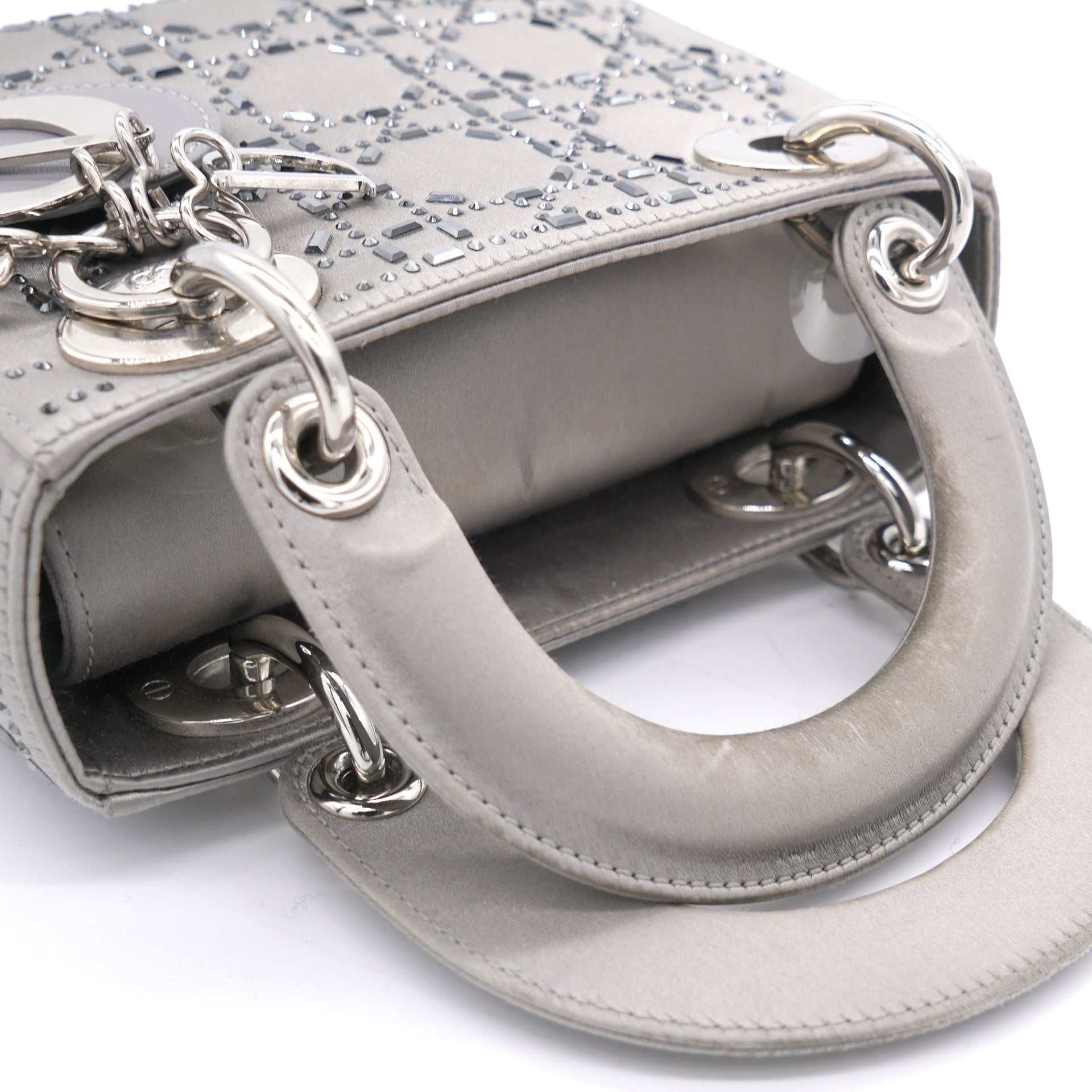 Satin Crystal Cannage Mini Lady Dior Grey