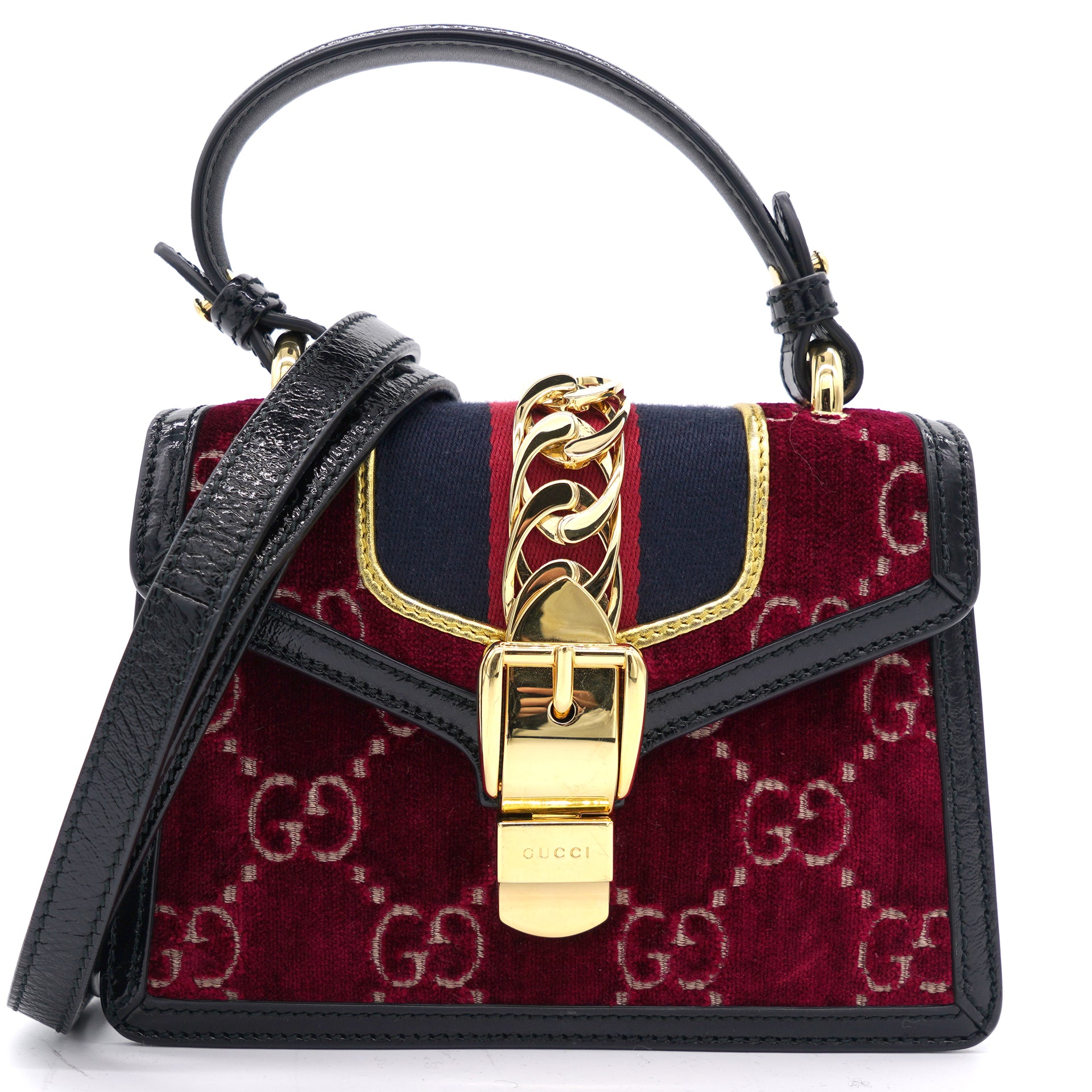 Gucci Multicolor Velvet and Patent Leather Mini Web Chain Sylvie