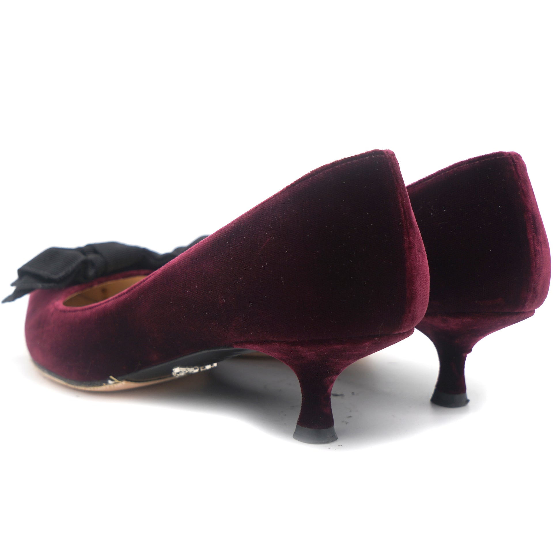 PRADA Burgundy Red Patent Leather Black Bow Pointed Toe Kitten Heel Pumps  36 GC