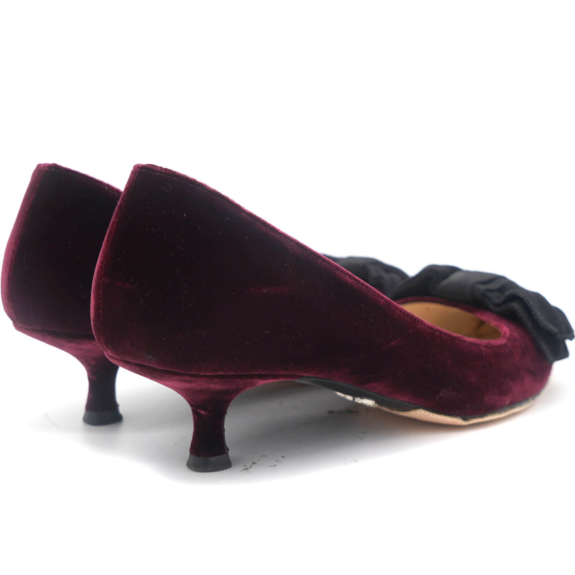 PRADA Burgundy Red Patent Leather Black Bow Pointed Toe Kitten Heel Pumps  36 GC
