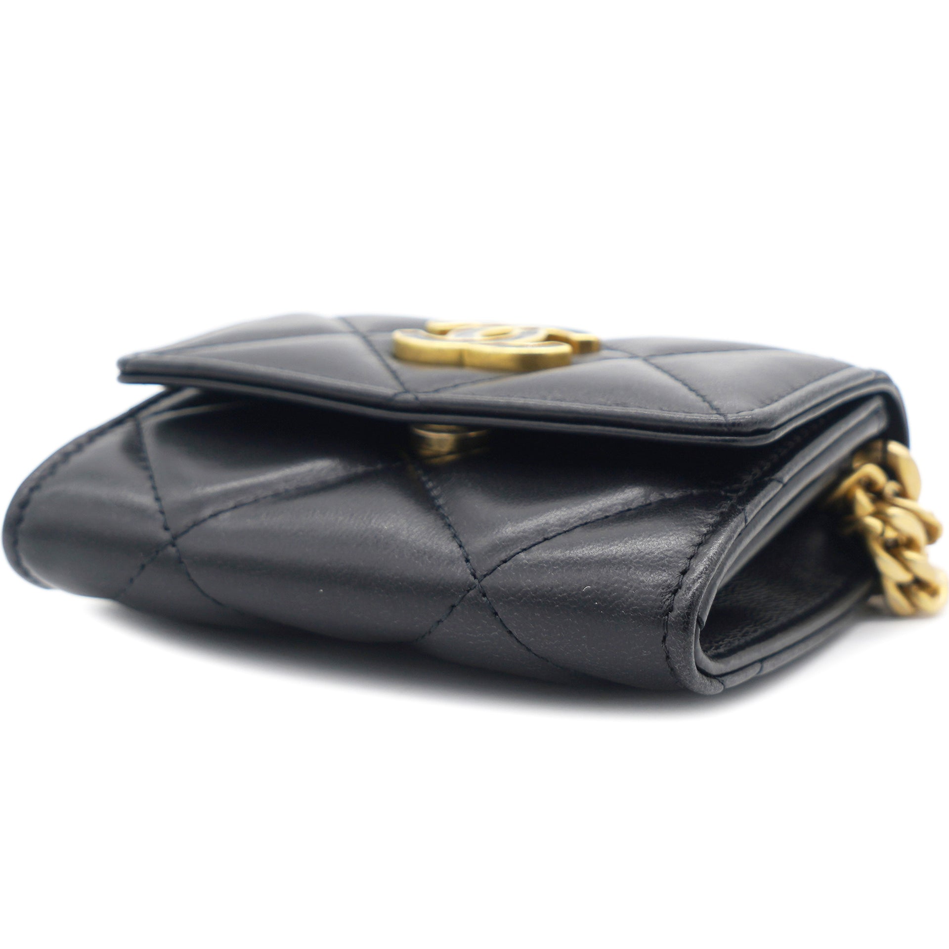 Black Quilted Lambskin Leather cc Enamel Card Holder with Chain