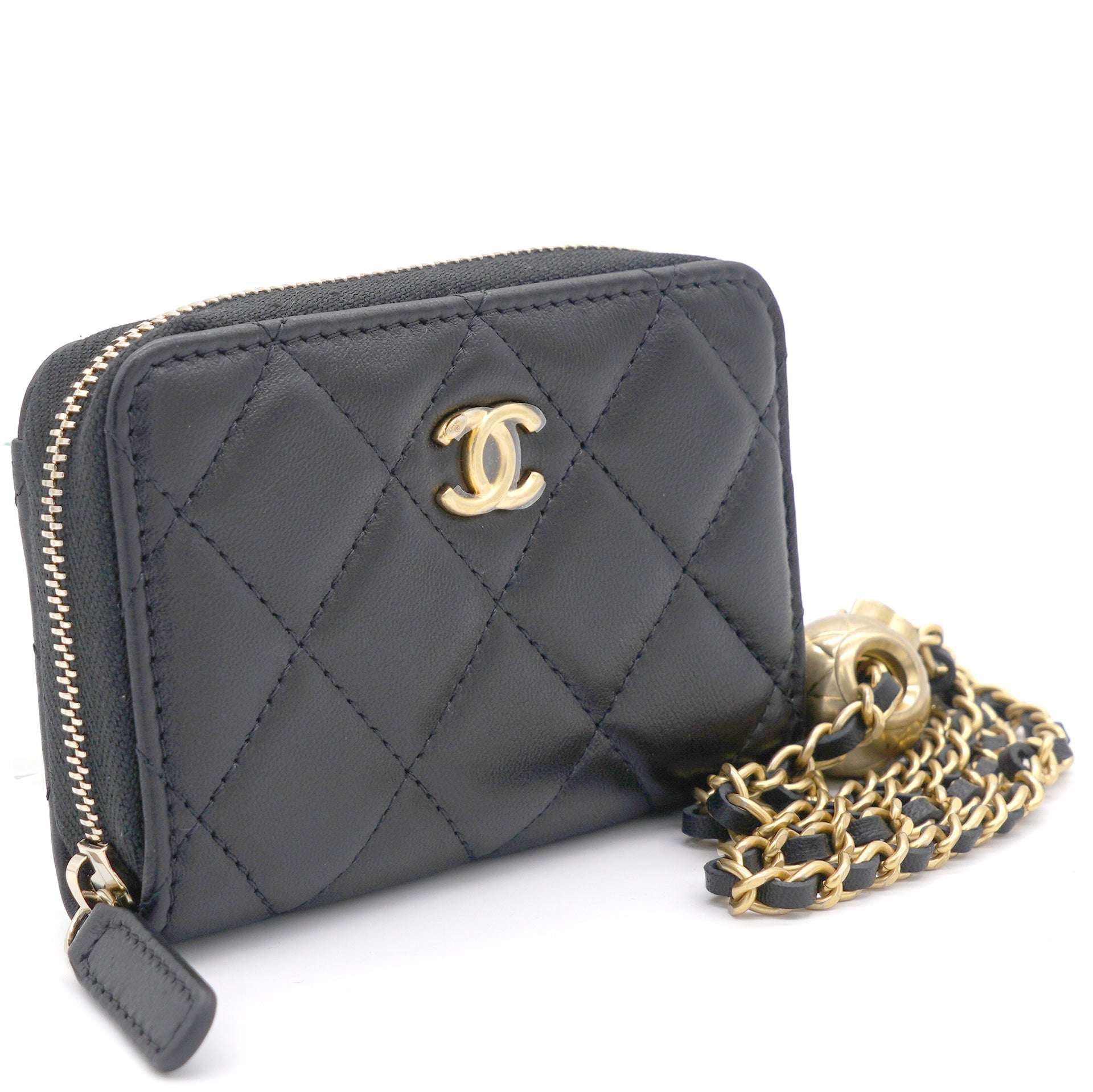 Chanel Black Lambskin Leather CC Zip Around Purse with Gold Ball Chain   STYLISHTOP