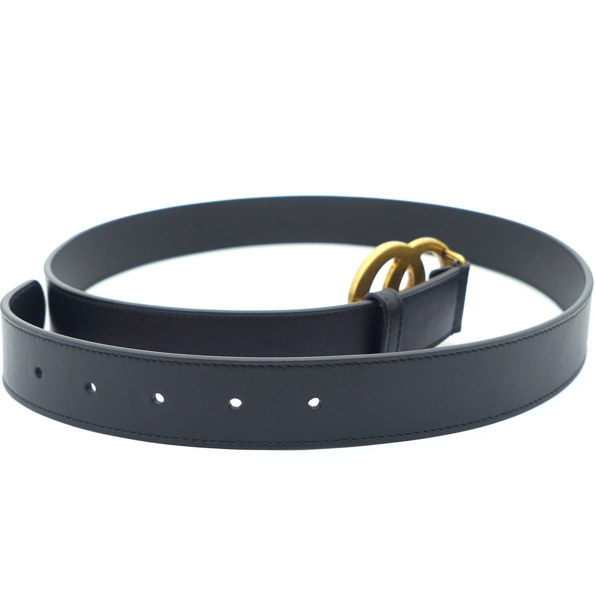 Men's Slim Black Leather Belt With Gold Double G Buckle