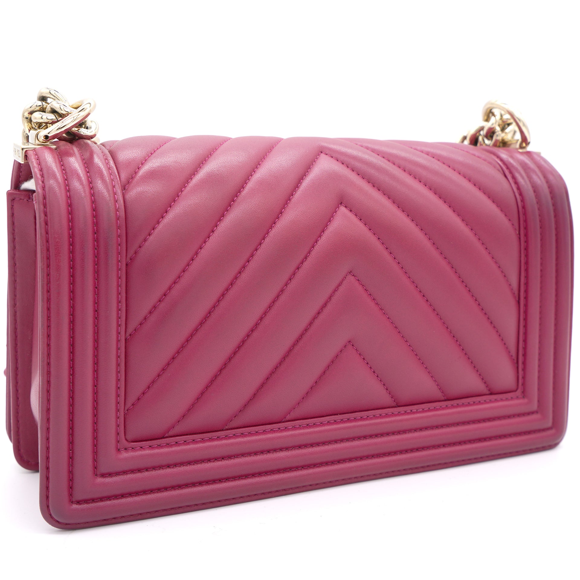 Fuschia Lambskin Chevron Quilted Old Medium Boy Flap