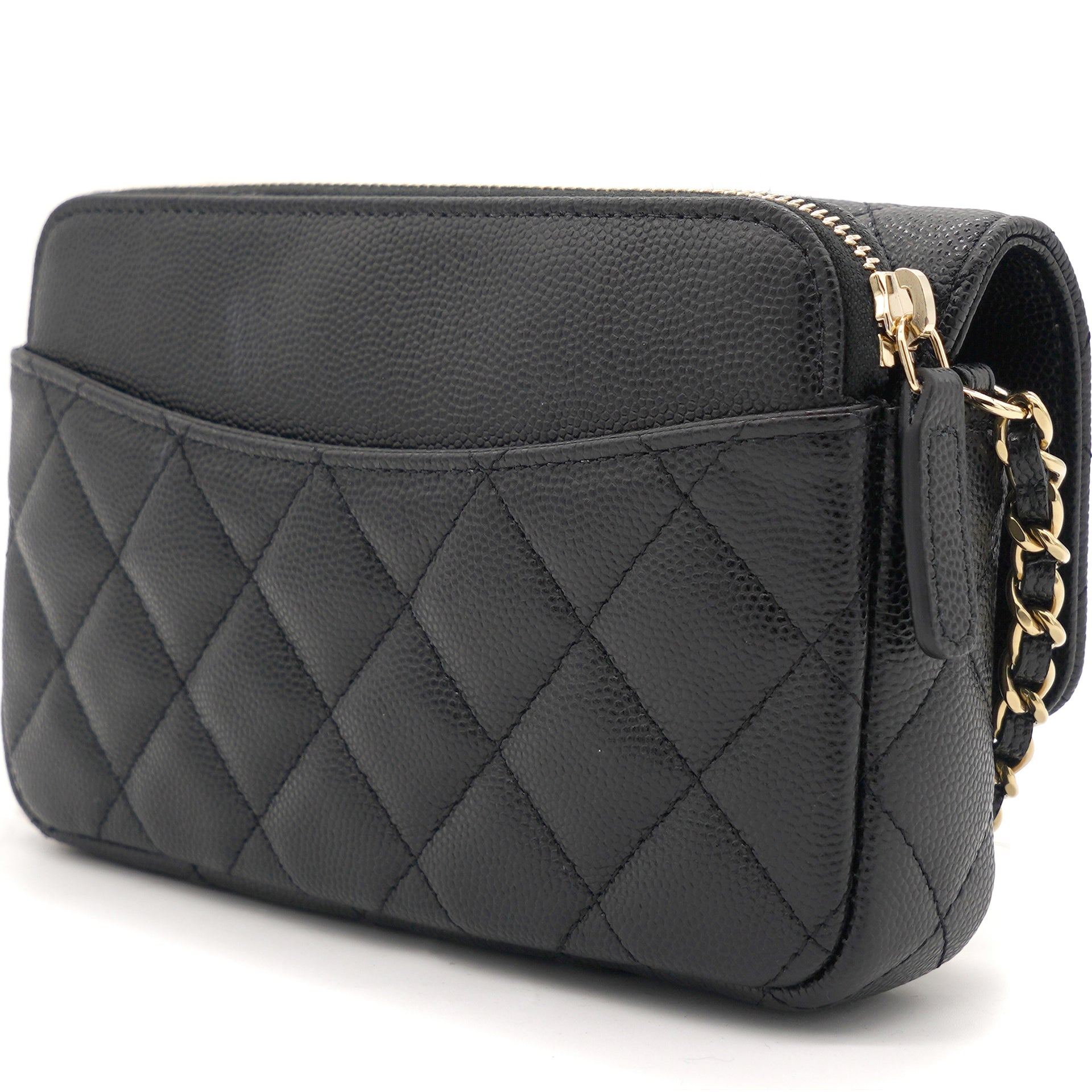 Quilted Black Caviar Wallet Phone Holder Chain Bag