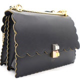 Black Leather Kan I Scalloped Top Handle Bag