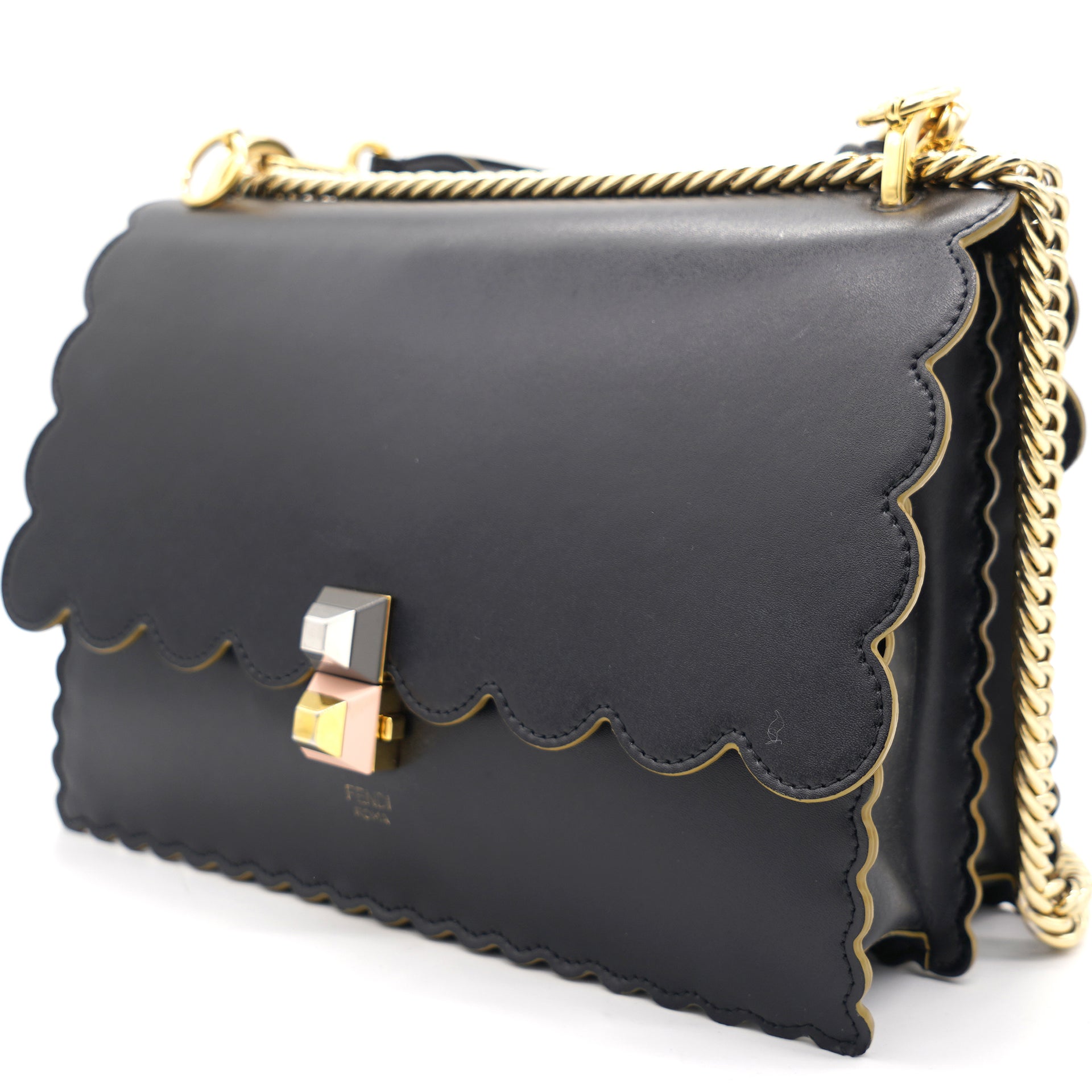 Black Leather Kan I Scalloped Top Handle Bag