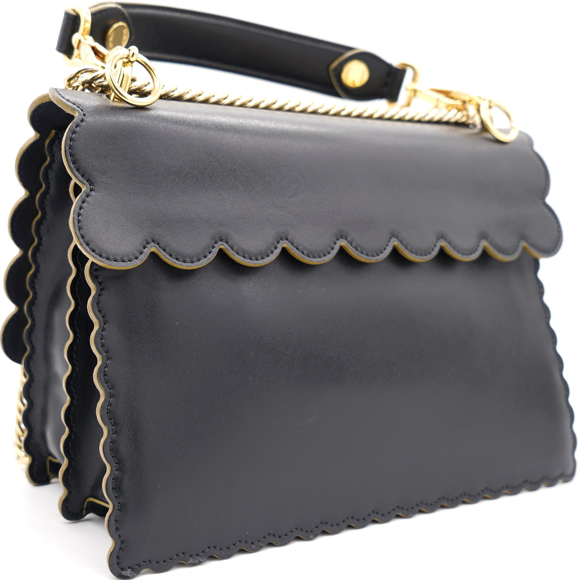 Black Leather Kan I Scalloped Top Handle Bag