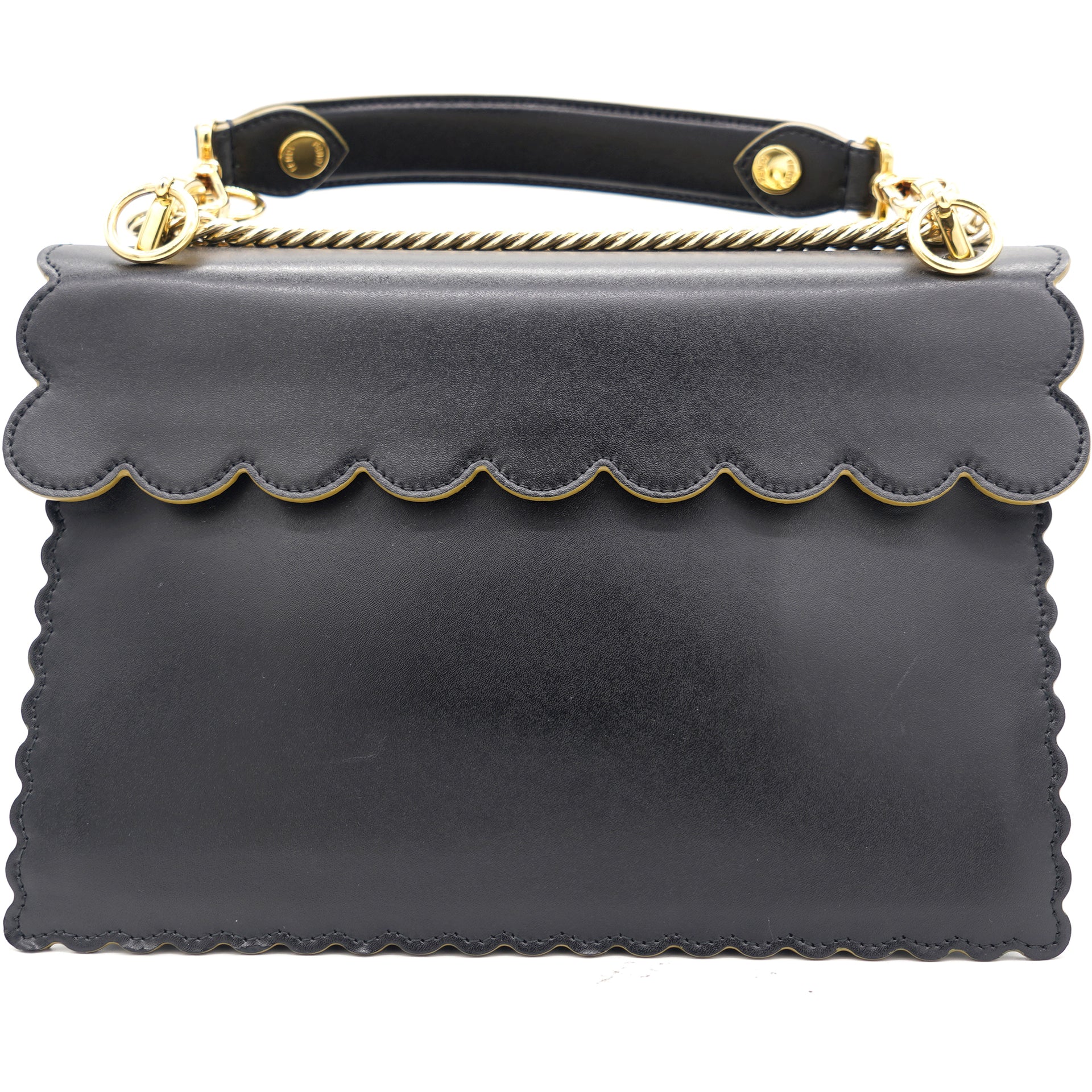 Black Leather Kan I Scalloped Top Handle Bag