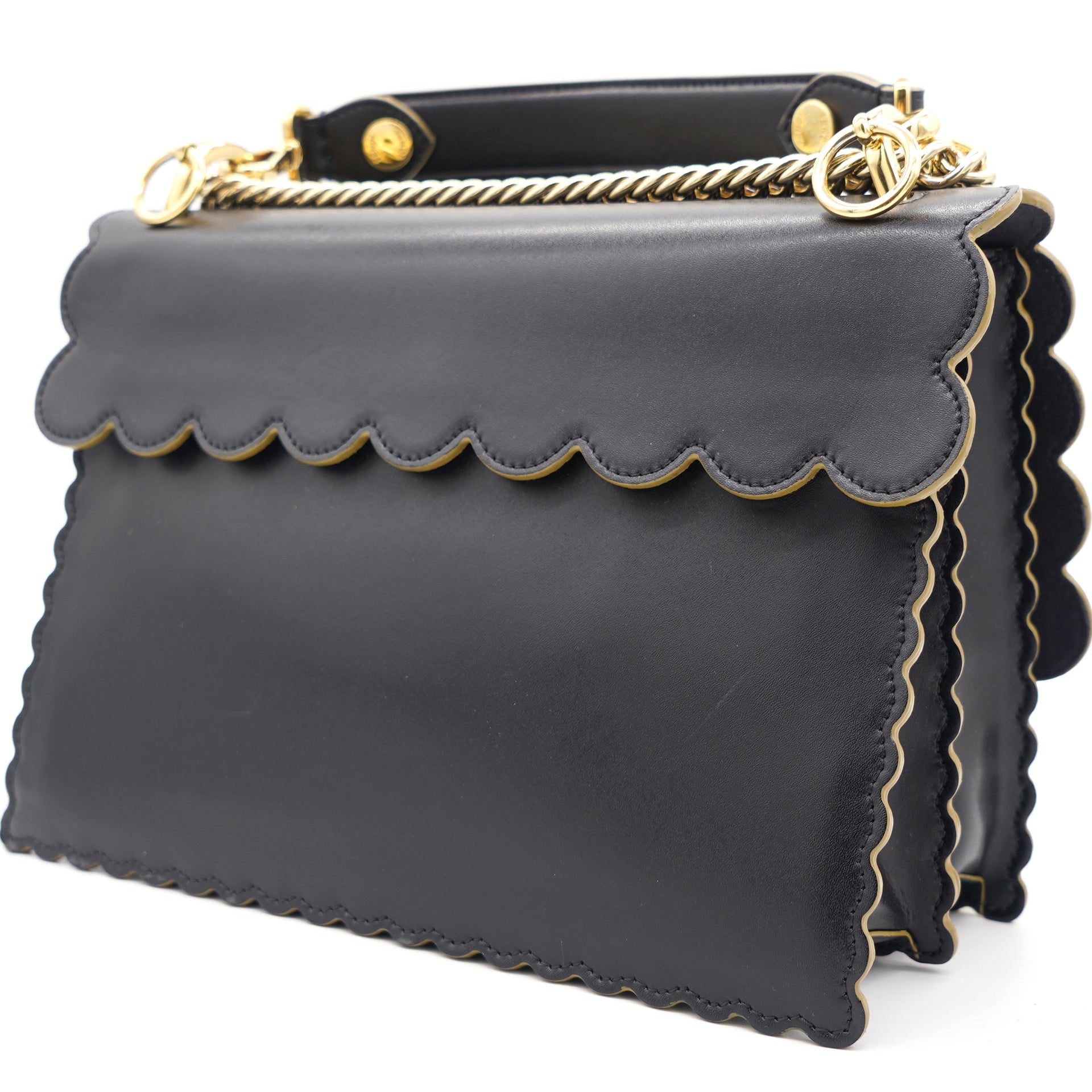 Black Leather Kan I Scalloped Top Handle Bag