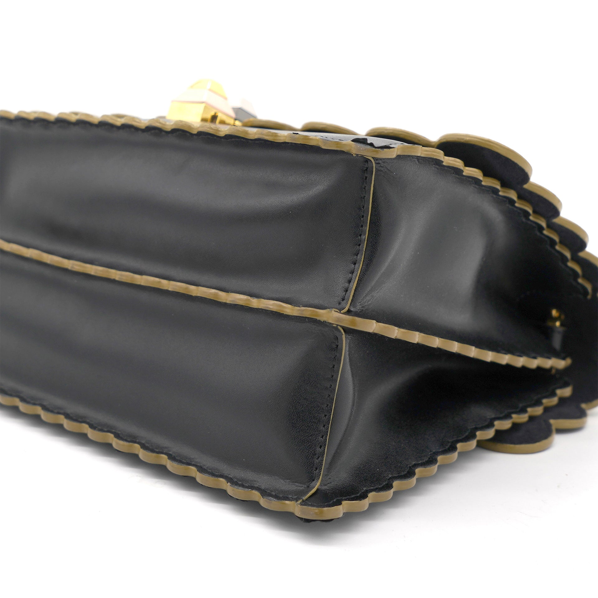 Black Leather Kan I Scalloped Top Handle Bag