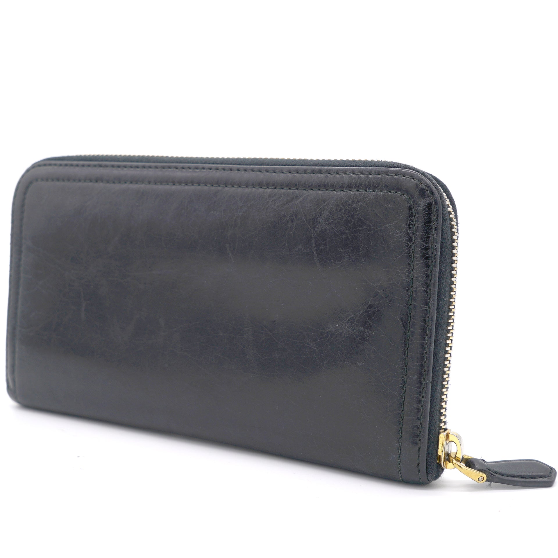 Black Calf Leather Zip Around Wallet