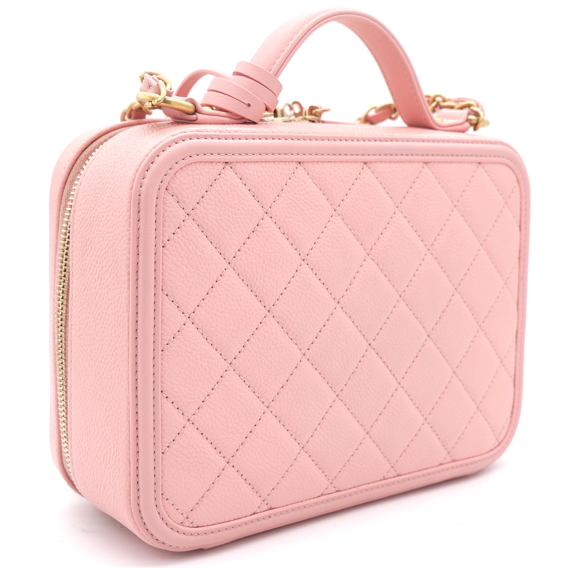 Pink Quilted Caviar Leather Medium CC Filigree Vanity Case Bag