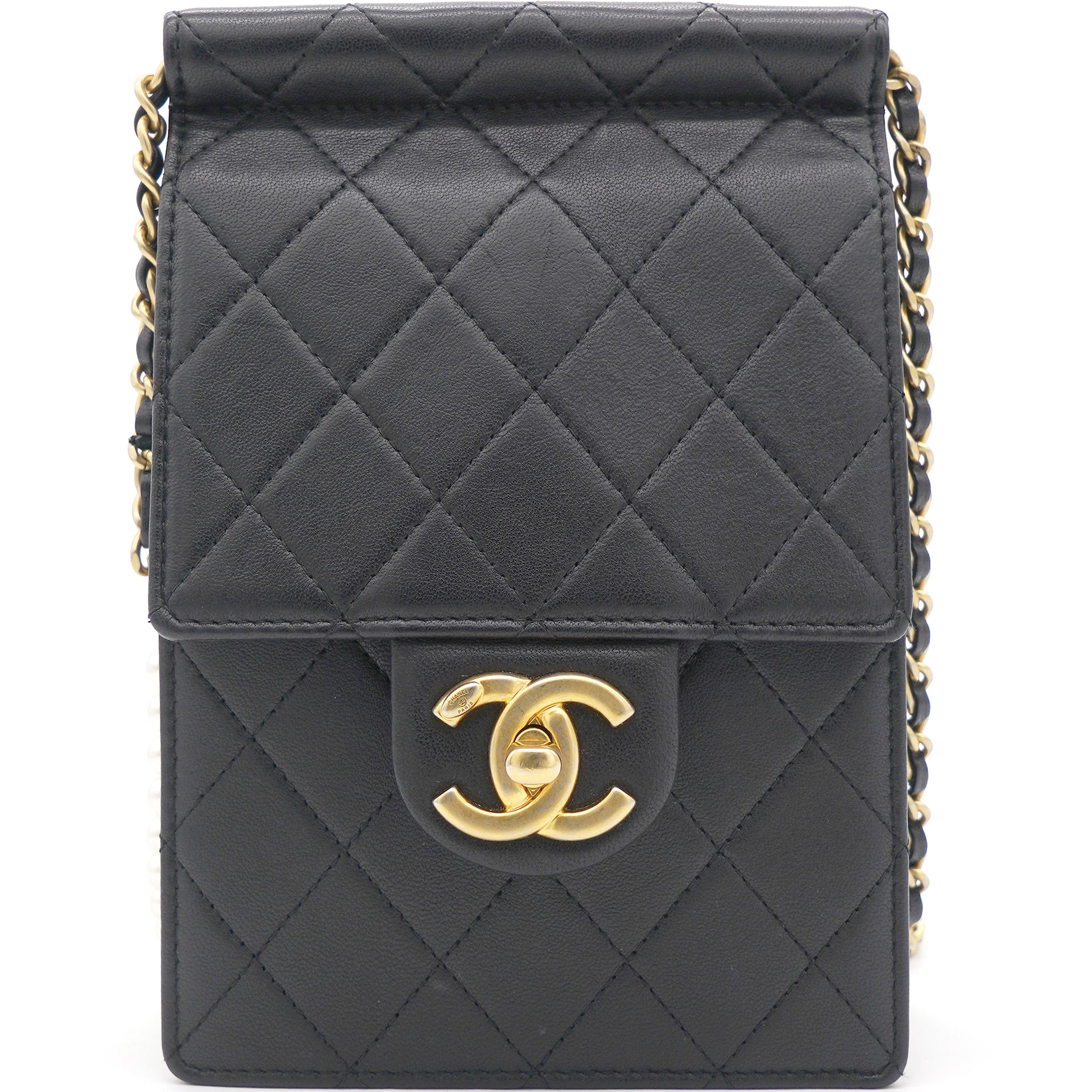 CHANEL Goatskin Quilted Chic Pearls Clutch With Chain Black 834332