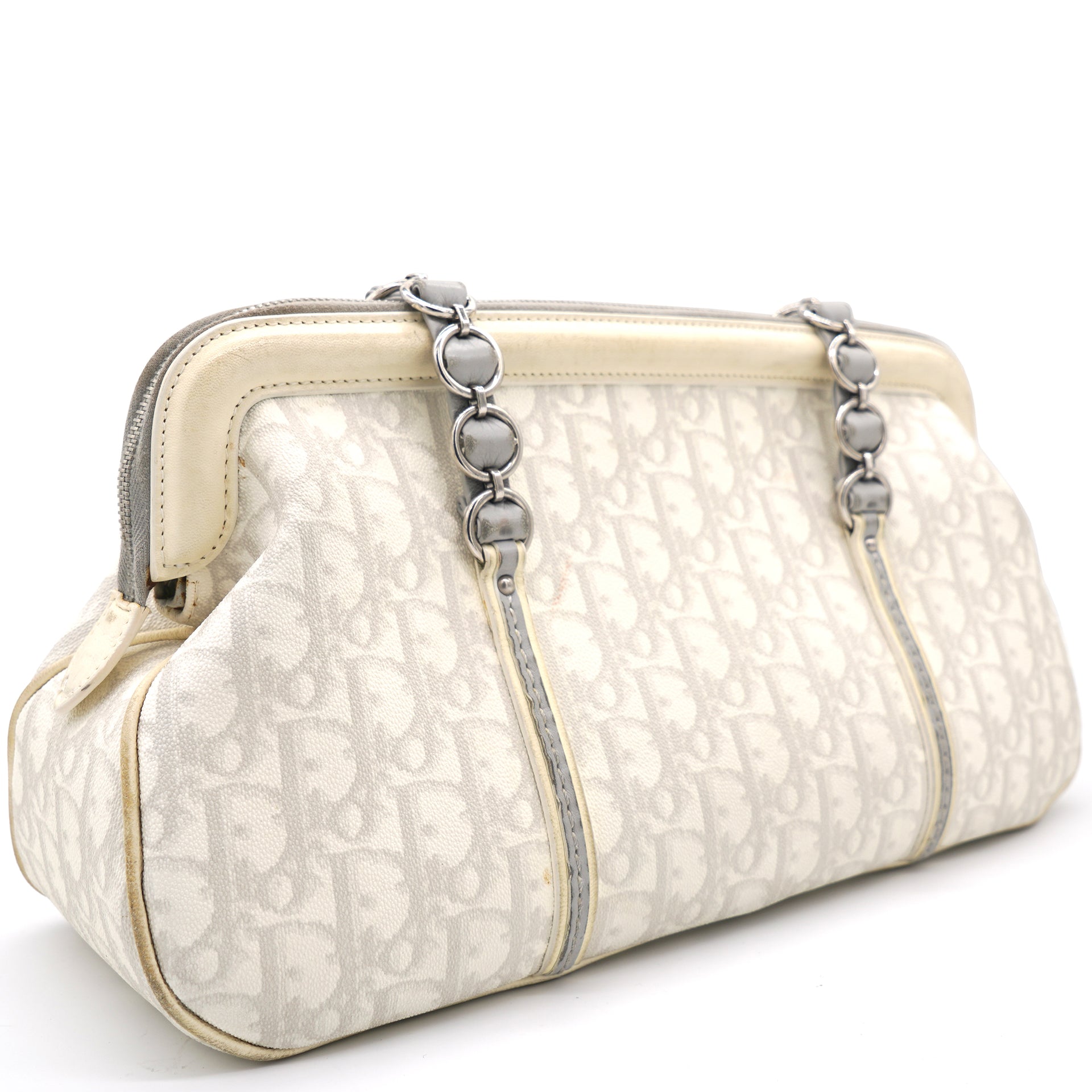 White Oblique Canvas and Leather Romantique Trotter Zip Bag