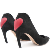 Black/Red Suede and Leather Heart Pointed Toe Pumps 38