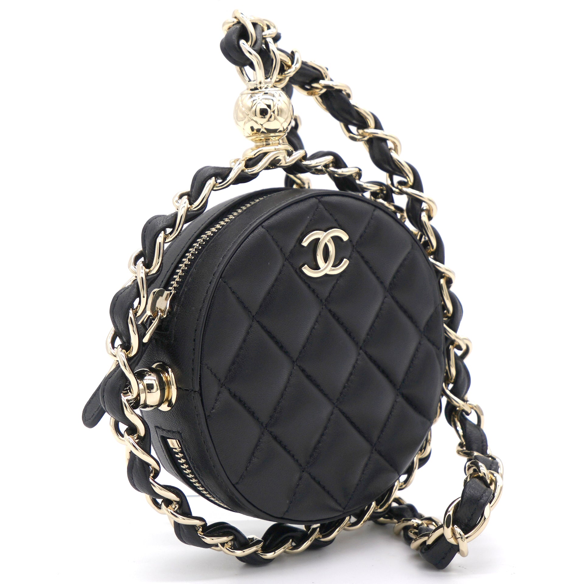 Chanel Handle With Care Round Vanity Case With Chain Quilted