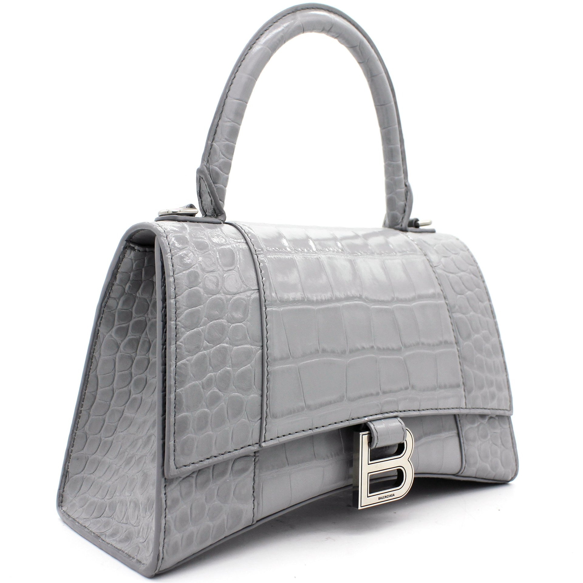 Balenciaga Hourglass Small Handbag Crocodile Embossed - Grey & Silver - Women's - Calfskin
